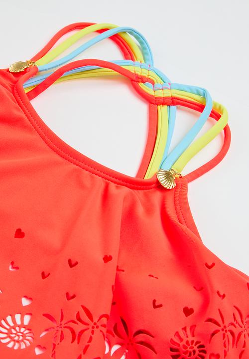 MINOTI - Girls coral 2 pack laser cut bikini - coral multi