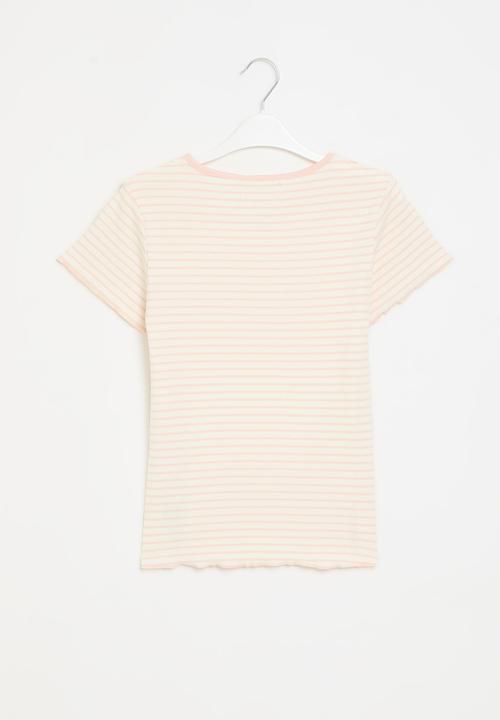 MINOTI - Girls cream pink stripe basic rib tee - cream pink
