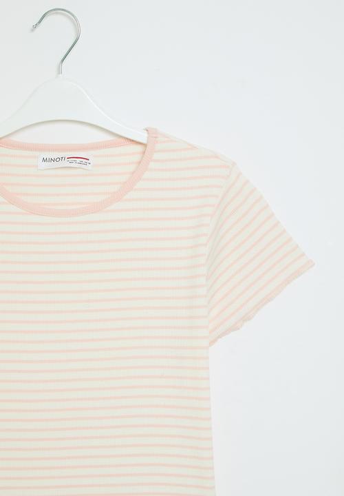 MINOTI - Girls cream pink stripe basic rib tee - cream pink