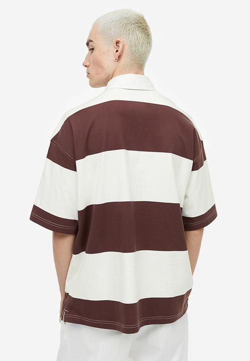 H&M - Oversized fit short-sleeved rugby shirt - brown & white striped 