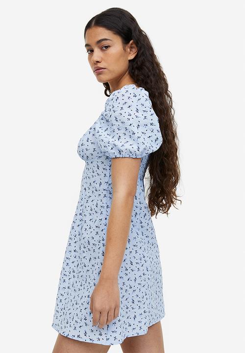 H&M - Puff-sleeved crêpe dress - light blue floral 