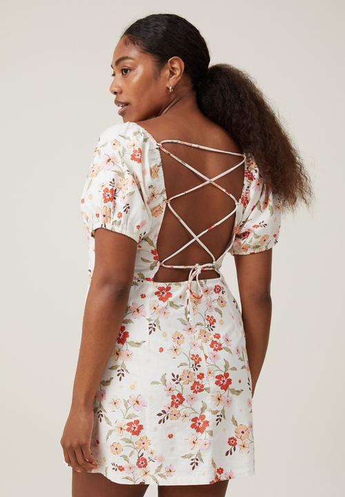 Cotton On - Plus tori tie up mini dress - dharma floral porcelain