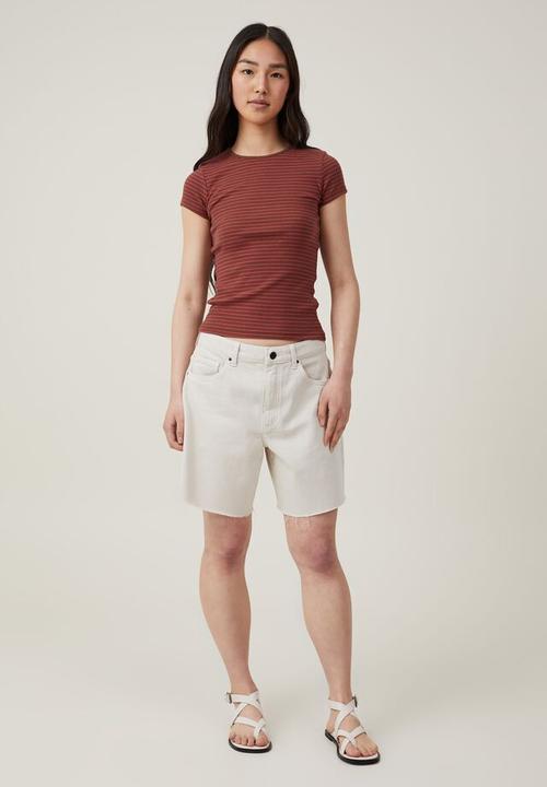 Cotton On - the one organic rib crew short sleeve tee - eliza stripe bottle brown