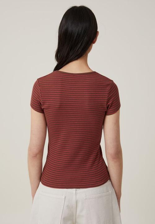 Cotton On - the one organic rib crew short sleeve tee - eliza stripe bottle brown