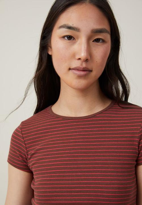 Cotton On - the one organic rib crew short sleeve tee - eliza stripe bottle brown