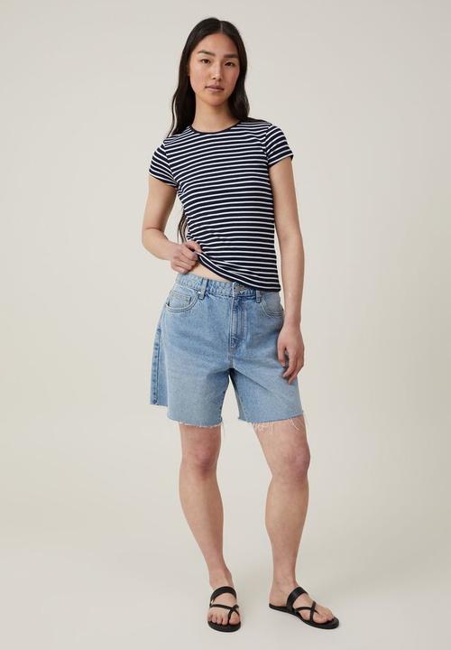 Cotton On - The one organic rib crew short sleeve tee - stripe deep indigo/white