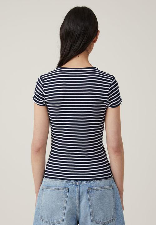 Cotton On - The one organic rib crew short sleeve tee - stripe deep indigo/white