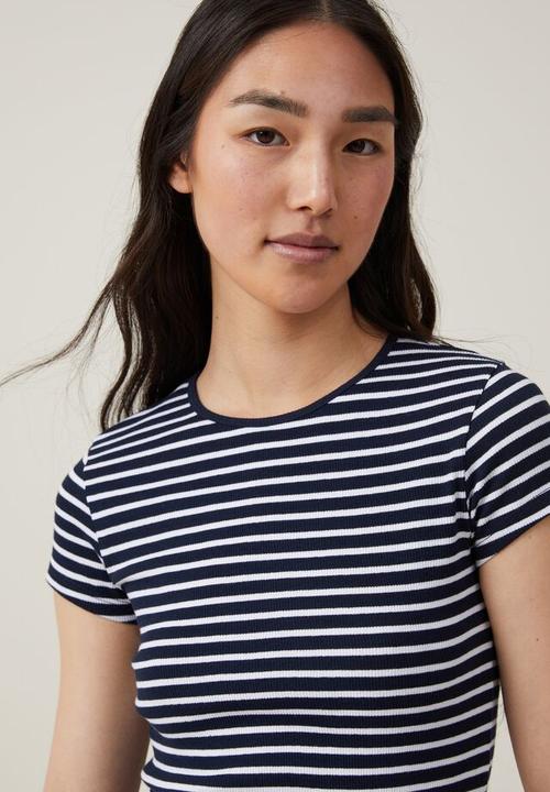 Cotton On - The one organic rib crew short sleeve tee - stripe deep indigo/white