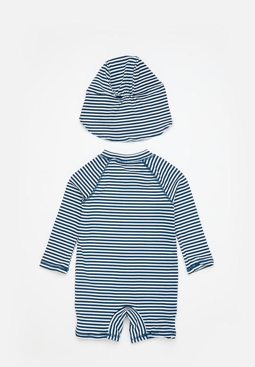 Cotton On - Bundle cameron swimsuit and sammy swim hat - navy & white