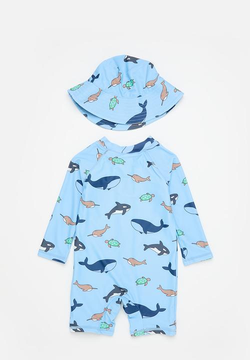 Cotton On - Bundle cameron swimsuit and swim bucket hat - sky haze/whaley waters