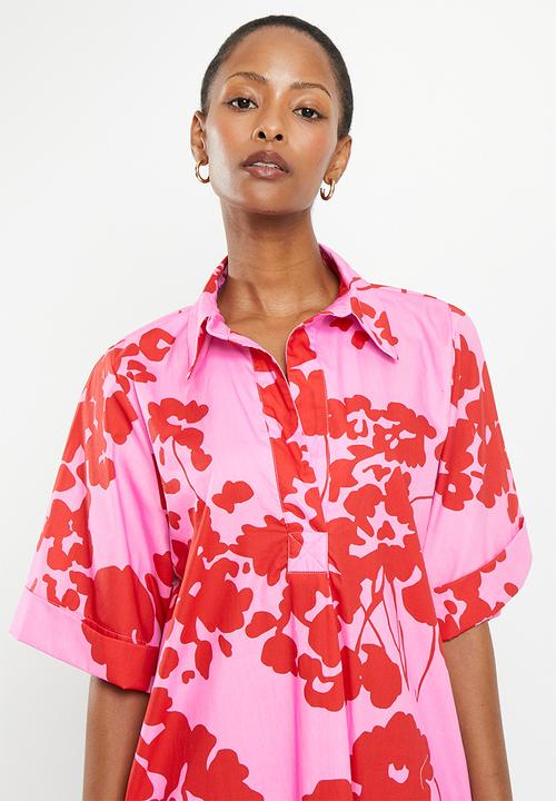Me&B - Cotton tunic shirt dress - red & pink floral