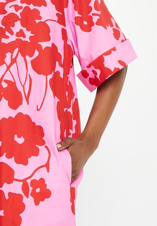 Me&B - Cotton tunic shirt dress - red & pink floral