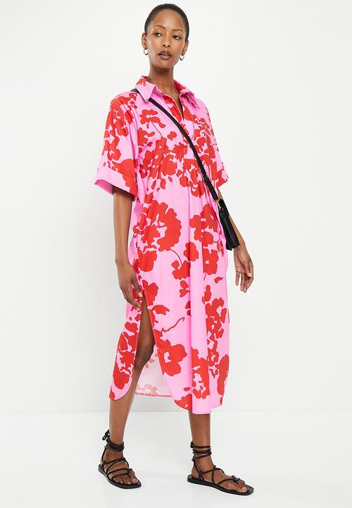 Me&B - Cotton tunic shirt dress - red & pink floral