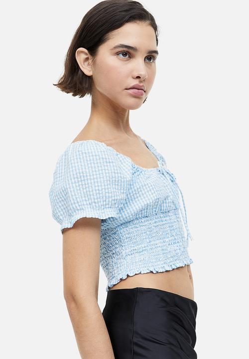 H&M - Puff-sleeved smocked blouse - light blue checked