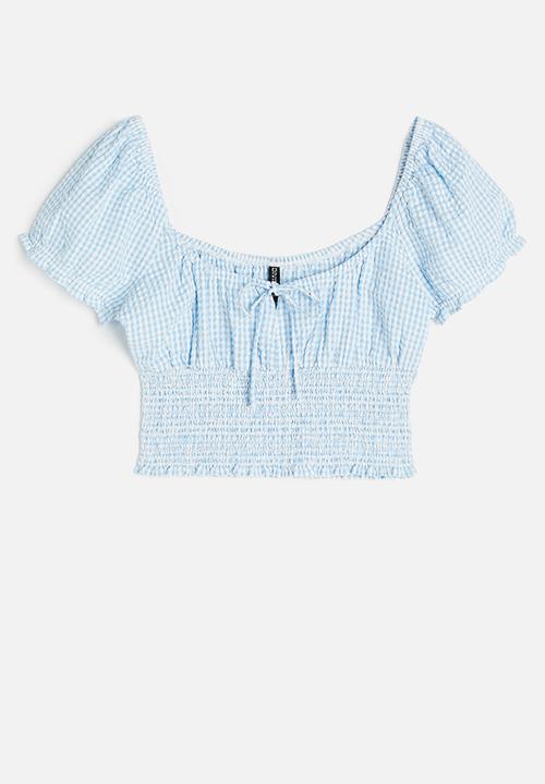 H&M - Puff-sleeved smocked blouse - light blue checked