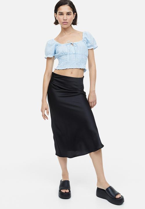 H&M - Puff-sleeved smocked blouse - light blue checked