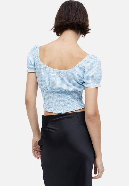 H&M - Puff-sleeved smocked blouse - light blue checked