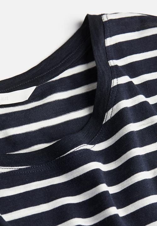 H&M - Modal-blend T-shirt - navy blue white striped 
