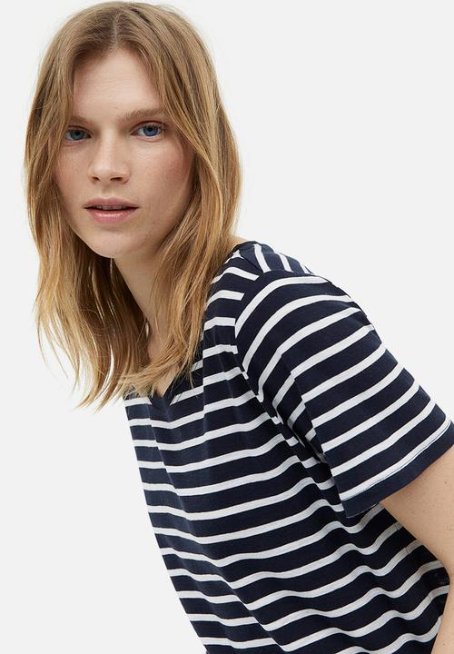 H&M - Modal-blend T-shirt - navy blue white striped 