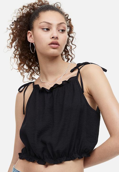 H&M - Tie-strap frill-trimmed top - black