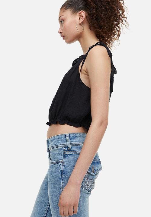 H&M - Tie-strap frill-trimmed top - black