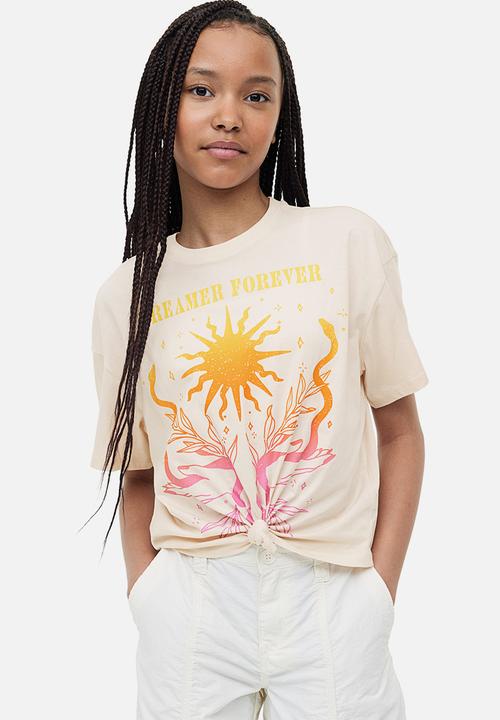 H&M - Tie-hem T-shirt - light beige sunburst 