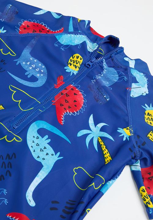 MINOTI - Boys 2 pack blue dino aop rash suit & hat set - blue 