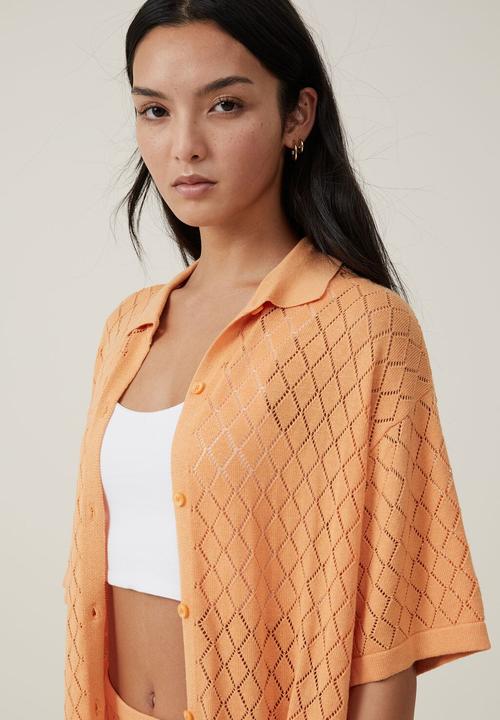 Cotton On - Pointelle knit shirt - sunray orange