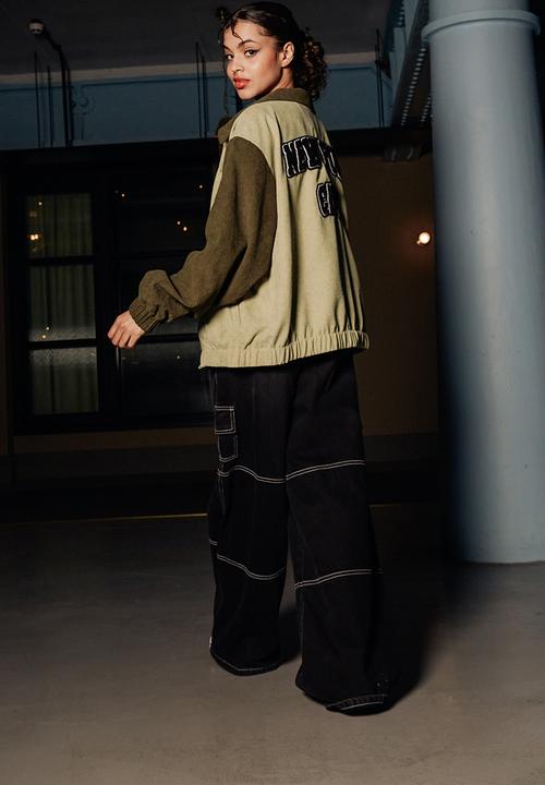 Daisy Street - Embroidered cord bomber jacket - green