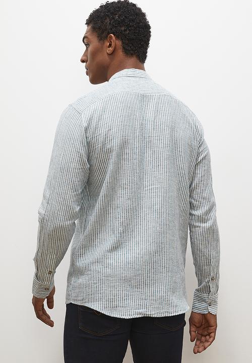 Lark & Crosse - Striped mandarin long sleeve textured shirt -  olive & white