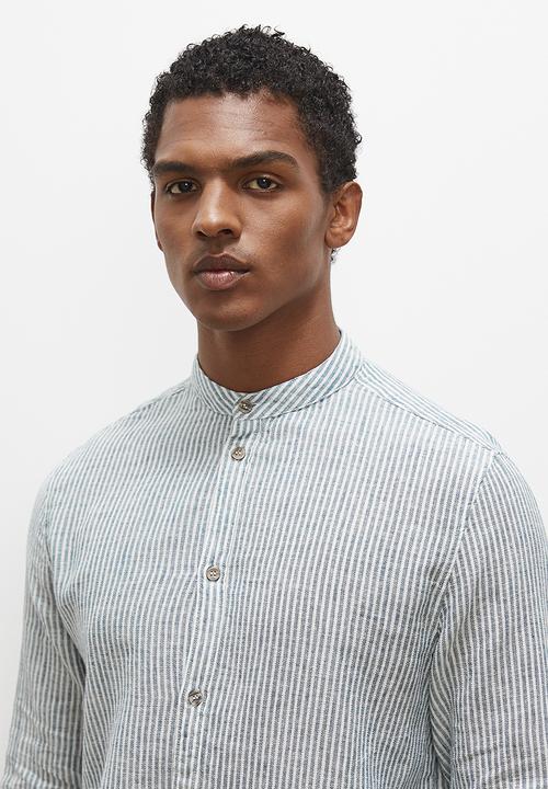 Lark & Crosse - Striped mandarin long sleeve textured shirt -  olive & white