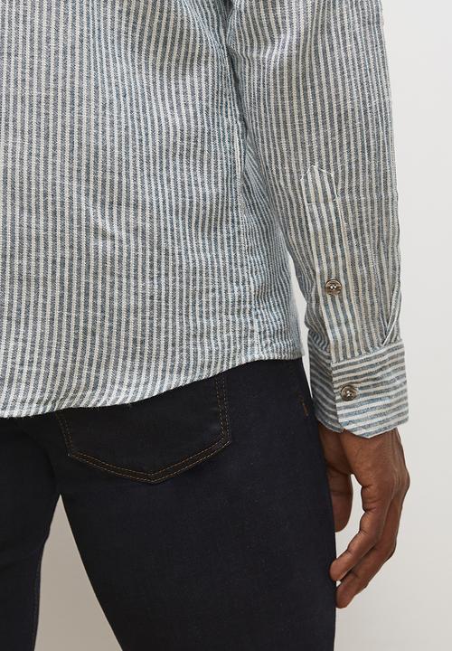 Lark & Crosse - Striped mandarin long sleeve textured shirt -  olive & white
