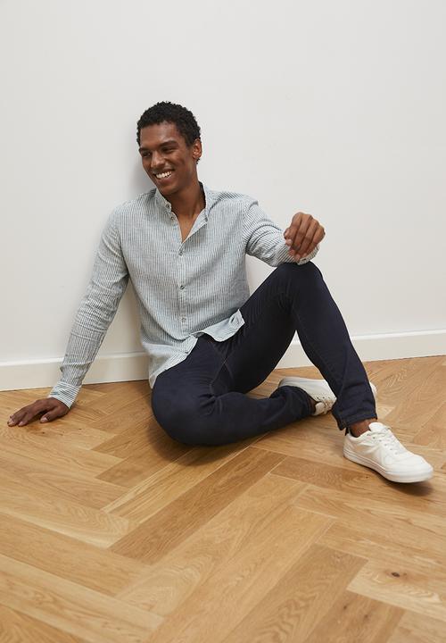 Lark & Crosse - Striped mandarin long sleeve textured shirt -  olive & white