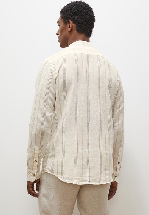 Lark & Crosse - Striped mandarin long sleeve textured shirt - stone & white