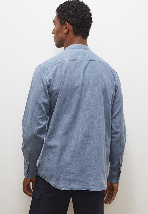 Lark & Crosse - Mandarin long sleeve textured shirt - blue