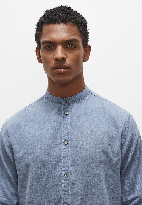 Lark & Crosse - Mandarin long sleeve textured shirt - blue