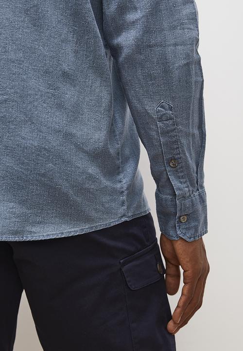 Lark & Crosse - Mandarin long sleeve textured shirt - blue