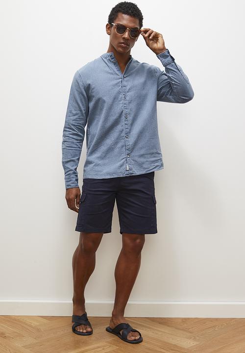 Lark & Crosse - Mandarin long sleeve textured shirt - blue