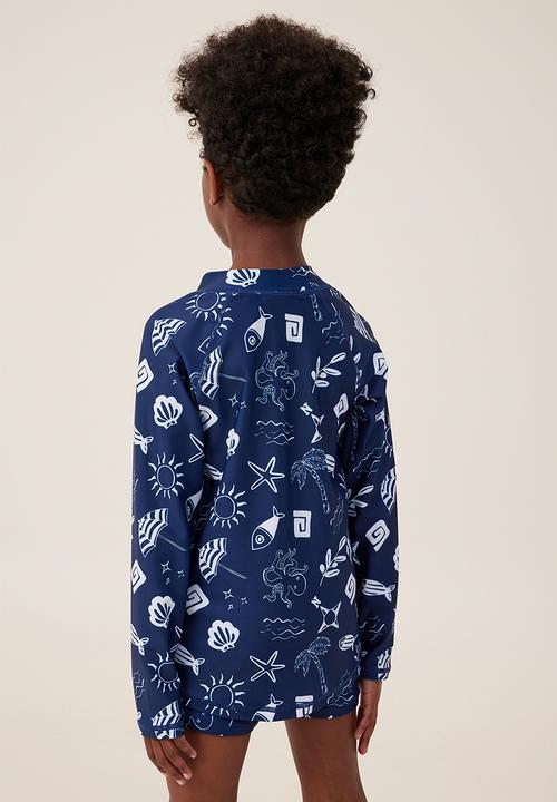 Cotton On - Flynn long sleeve raglan rash vest - in the navy/rainy day santorini