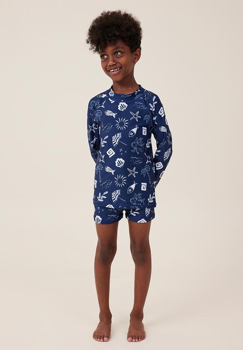 Cotton On - Flynn long sleeve raglan rash vest - in the navy/rainy day santorini