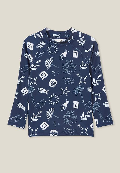 Cotton On - Flynn long sleeve raglan rash vest - in the navy/rainy day santorini