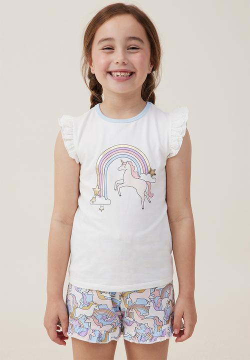 Cotton On - Stacey short sleeve flutter pyjama set - vanilla/dreamin  unicorns