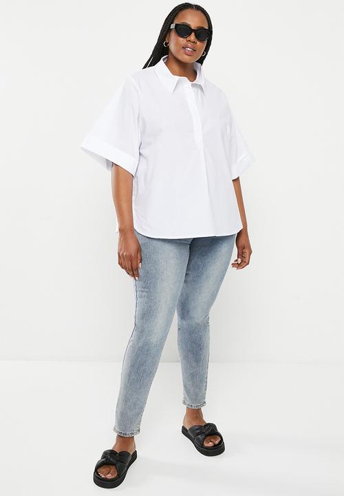Me&B - Plus cotton boxy shirt with kimono sleeve - white