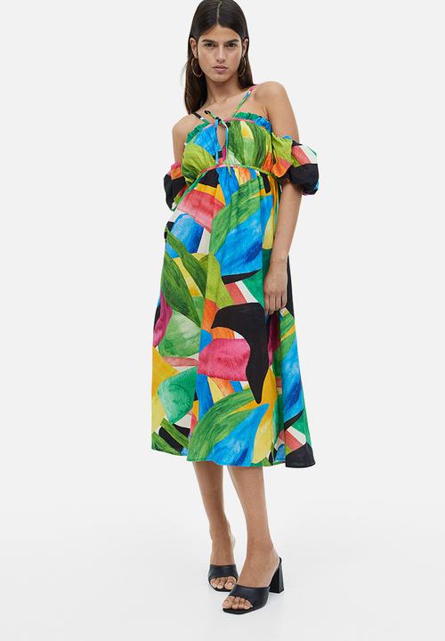 H&M - Linen-blend off-the-shoulder dress - green patterned
