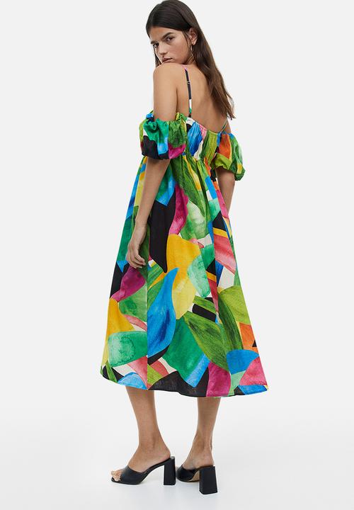 H&M - Linen-blend off-the-shoulder dress - green patterned