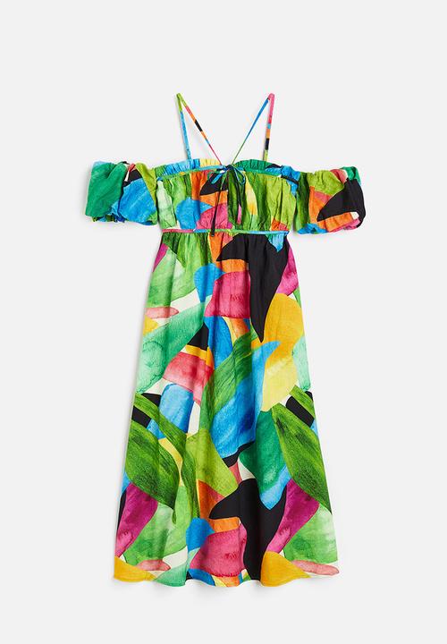 H&M - Linen-blend off-the-shoulder dress - green patterned