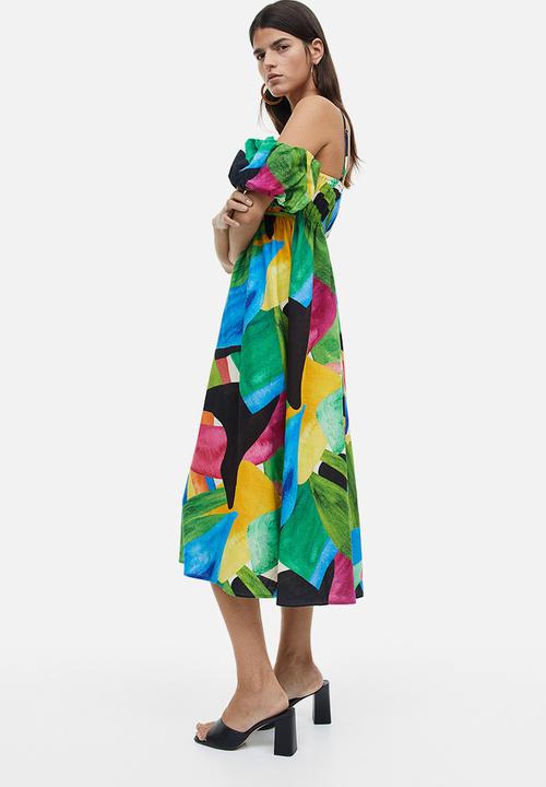 H&M - Linen-blend off-the-shoulder dress - green patterned