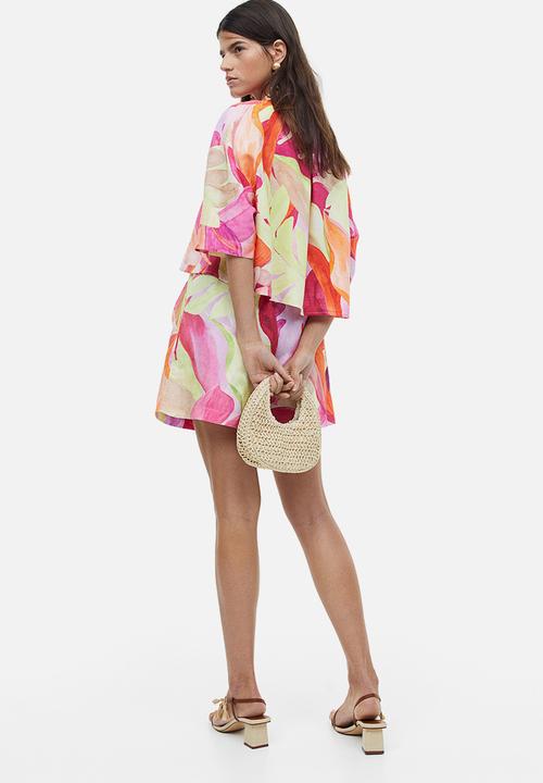 H&M - Linen-blend shirt - pink leaf-patterned
