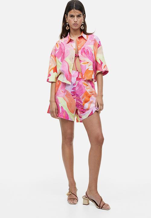 H&M - Linen-blend shirt - pink leaf-patterned