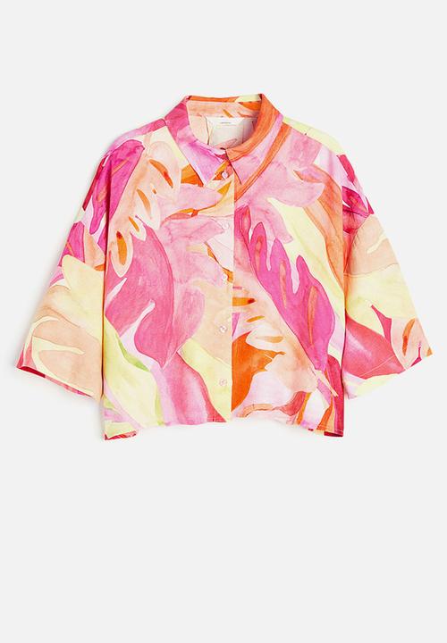 H&M - Linen-blend shirt - pink leaf-patterned